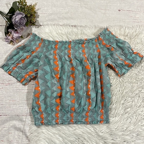 Anthropologie Blue and Orange Smocked Puff Sleeve Blouse - Picture 2 of 10